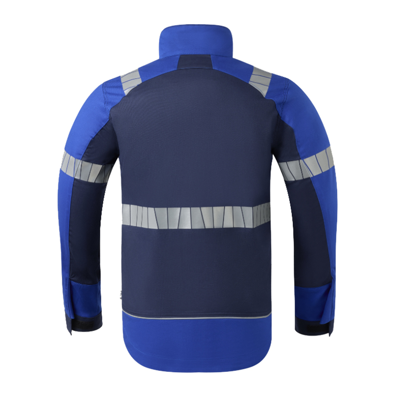 Rückansicht einer HaVeP Arbeitsjacke in Blau und Marine mit langen Ärmeln, Stehkragen und umlaufenden Reflexstreifen für bessere Sichtbarkeit