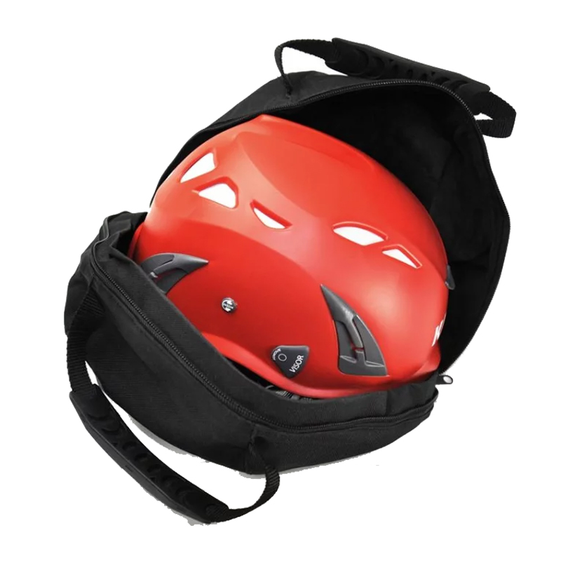 Roter Kask Helm mit Belüftungsöffnungen in geöffneter schwarzer Transporttasche, Produktabbildung für E-Commerce