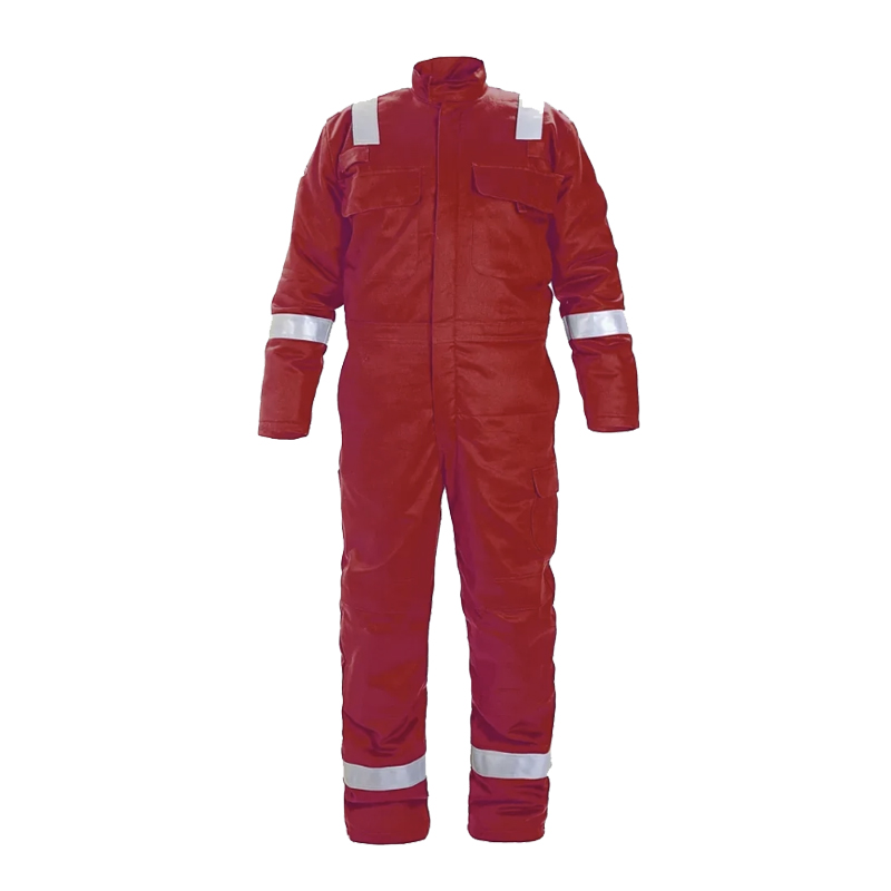 HydroWear Schutzoverall in Rot mit silbernen Reflexstreifen an Schultern, Armen und Beinen, einteiliger Arbeits- und Wetterschutzanzug
