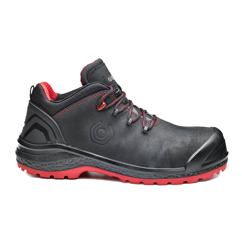 BASE Be-Uniform S3S Sicherheitsschuh HRO CI HI B0887N von BASE, schwarz-rot, robuste Seitenansicht mit Schutzkappe und rutschfester Sohle