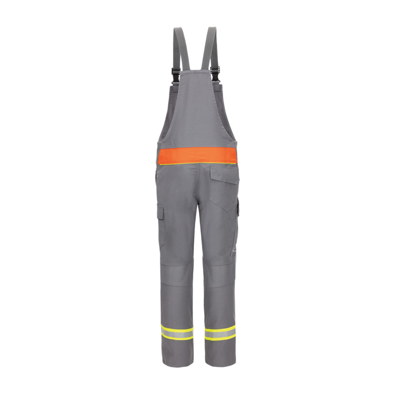 HB Iron Pro Gießerei Latzhose gegen Eisenspritzer E3 von HB Protective Wear, graue Schutz-Latzhose mit Trägern, Taschen und Warnstreifen für Schutz vor Hitzestrahlung und flüssigen Eisenspritzern
