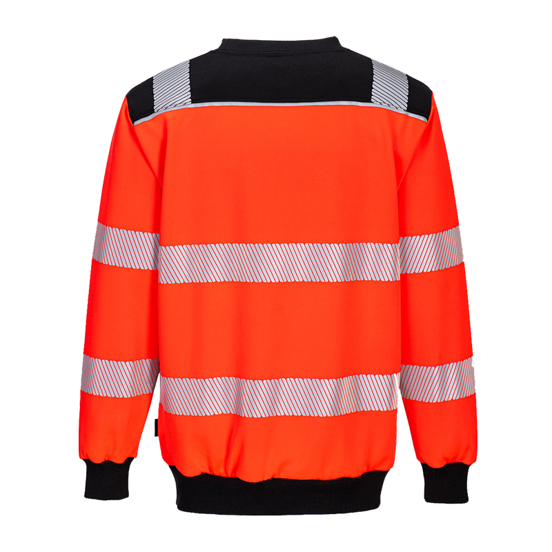 Rückansicht des PortWest PW379 Warnschutz Sweatshirts Klasse 3 in Orange-Schwarz mit umlaufenden Reflexstreifen für Baustelle, Industrie und Verkehrsdienst