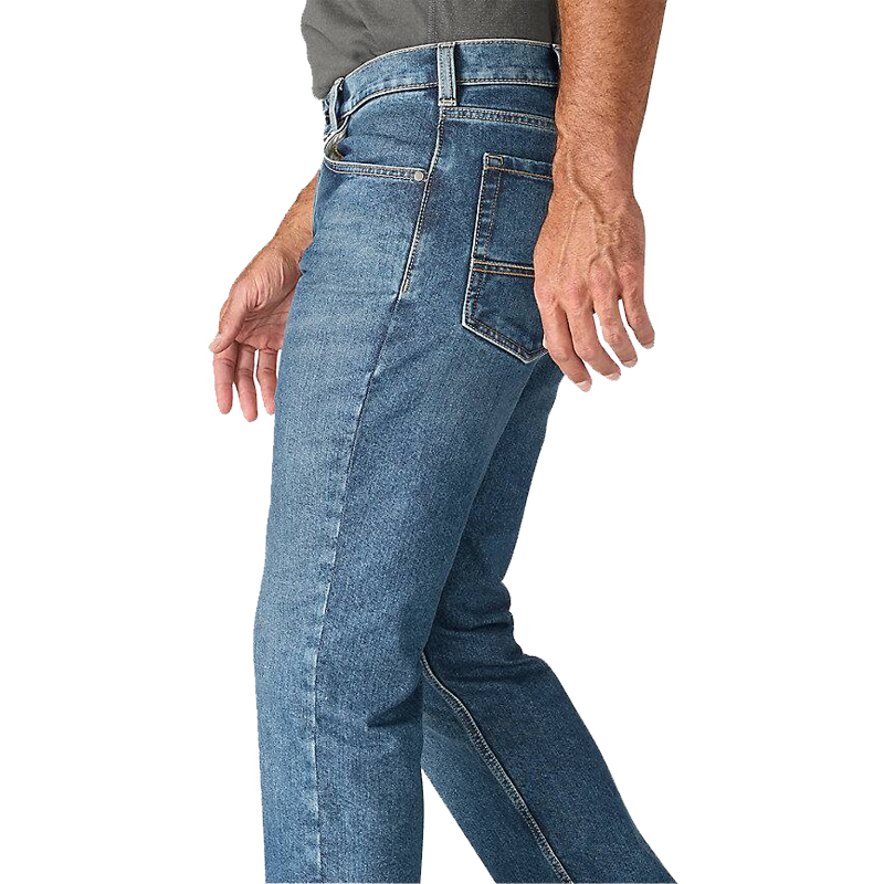 Seitenansicht einer blauen Carhartt 102804 Rugged Flex Stretch Jeans für Herren, gerade geschnitten im Relaxed Fit