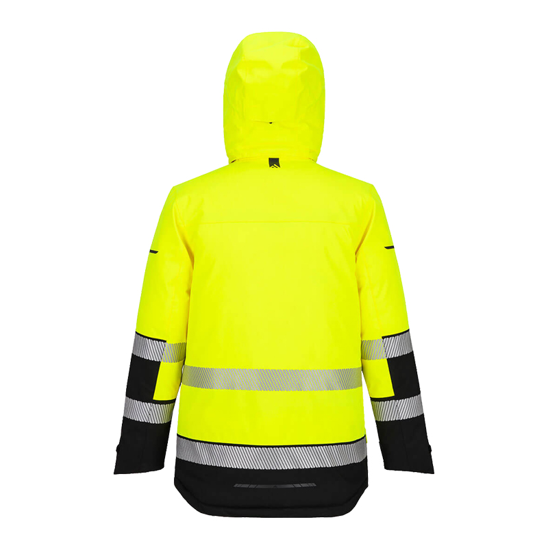 Rückansicht des PortWest EV401 Hi-Vis Expeditions Parka Klasse 3 in Gelb-Schwarz mit Kapuze und Reflexstreifen, geeignet für extreme Kälte bis -52 °C