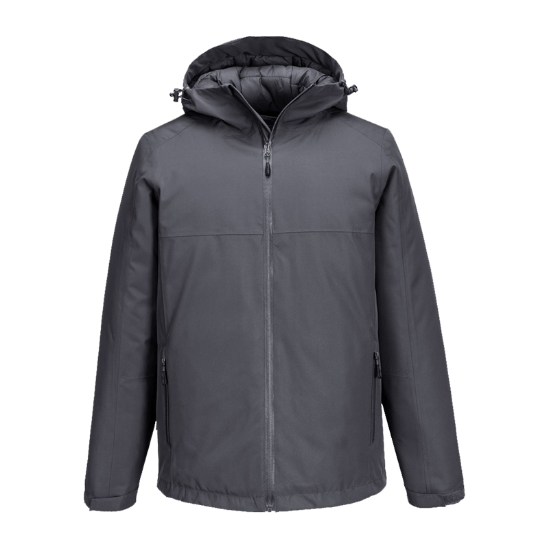 PortWest Winterjacke in Dunkelgrau mit Kapuze, Reißverschluss und Seitentaschen, Frontansicht