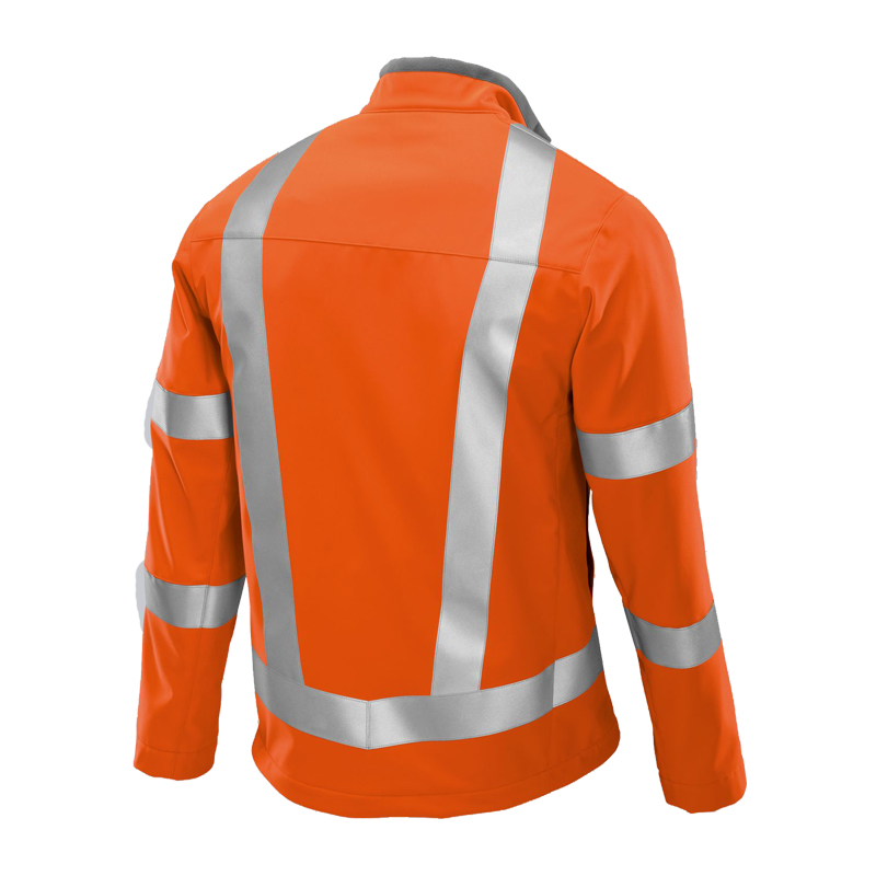 Rückansicht der BP 2121 Warnschutz Softshell Jacke Klasse 3 von BP Bierbaum Proenen in Orange mit umlaufenden silbernen Reflexstreifen