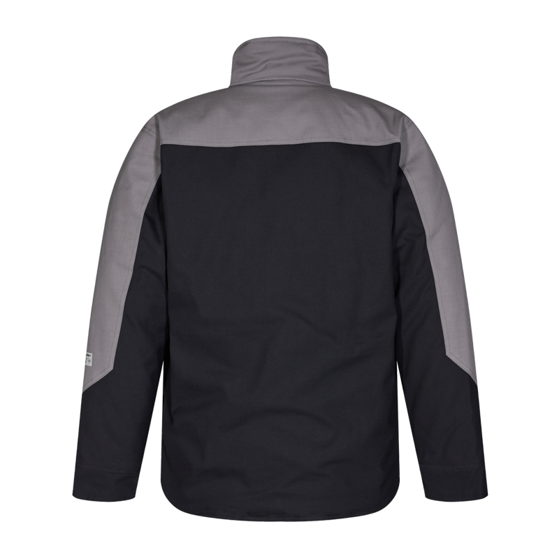 Rückenansicht der gefütterten Engel Safety+ 1934-820 MultiNorm Winterjacke APC2 in Schwarz-Grau, mit hohem Kragen, antistatisch, flammhemmend und wettergeschützt für kalte Arbeitseinsätze.