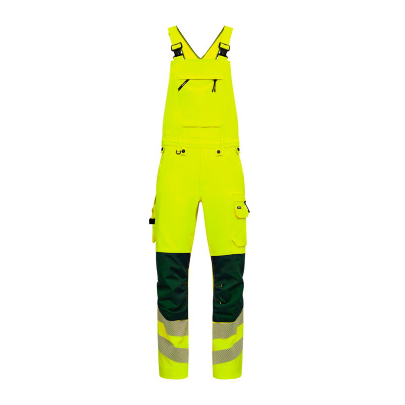 ENGEL Safety Stretch Warnschutz Latzhose Klasse 2 | 3345-124, leuchtgelbe Latzhose mit dunklen Kniepartien und Reflexstreifen