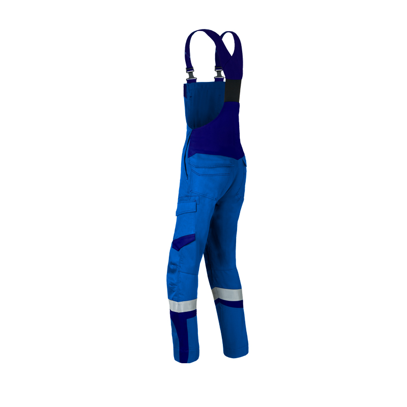 Rückansicht der HaVeP 5Safety Image+ 20288 MultiNorm Latzhose | APC1 in Blau mit verstellbaren Trägern und Reflexstreifen