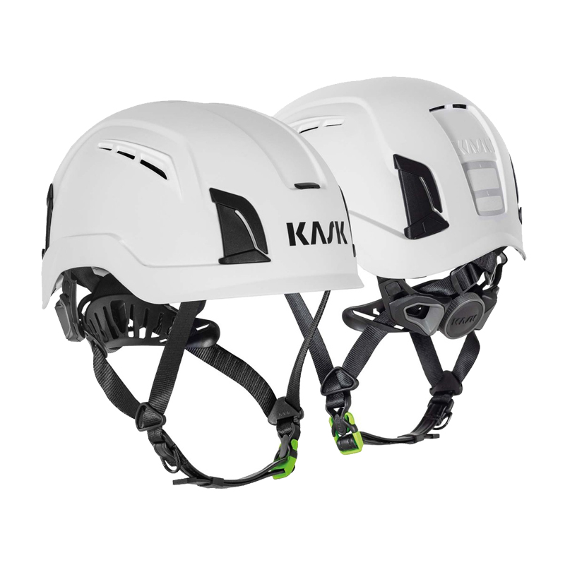 KASK ZENITH-X PL Kletterhelm EN 12492 von Kask in Weiß, Sicherheitshelm mit Belüftung und Kinnriemen in Vorder- und Rückansicht