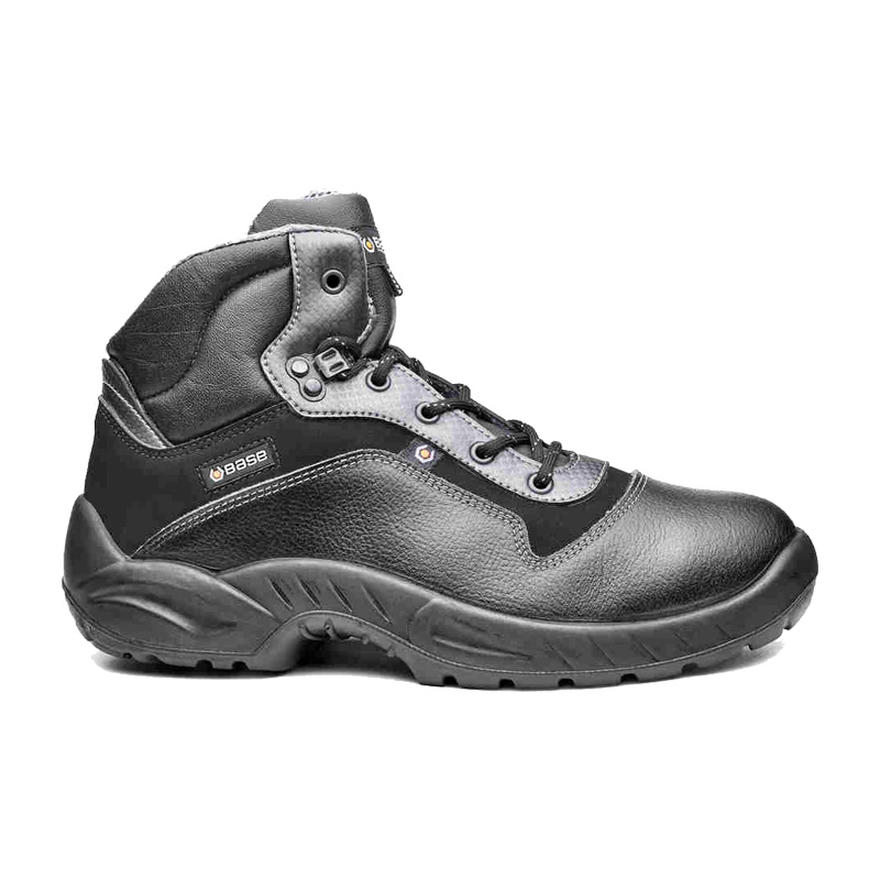 BASE Pigalle S3 Sicherheitsstiefel B0167 von BASE, schwarzer Arbeitsstiefel mit grauen Details und robuster Sohle in Seitenansicht