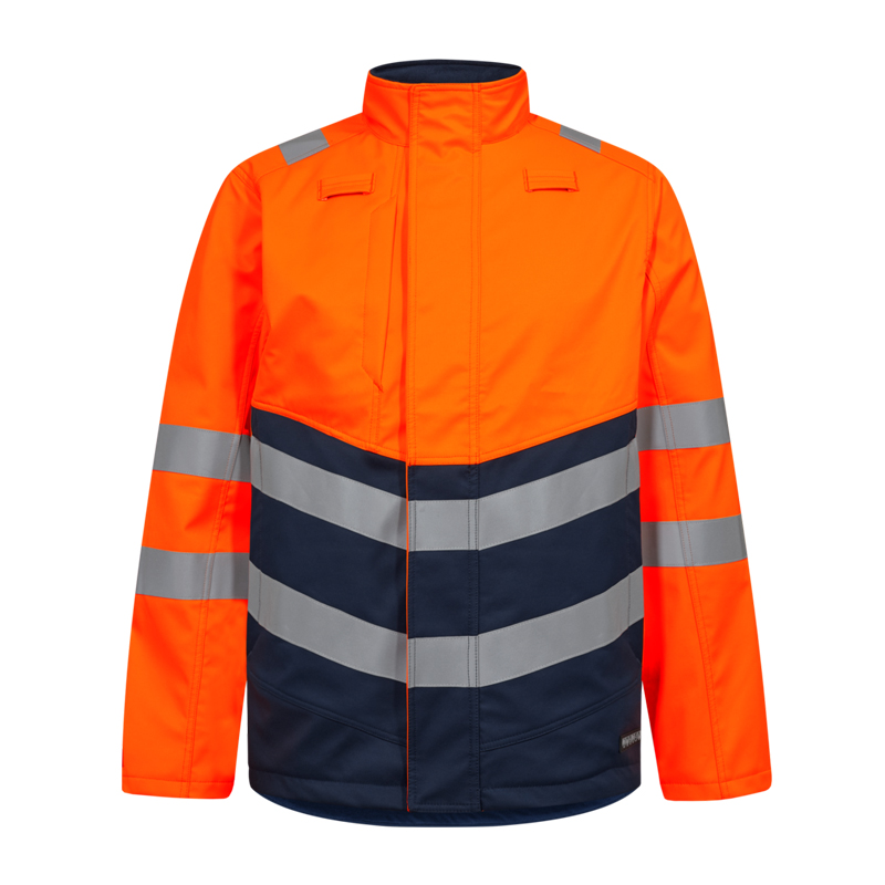 Engel Warnschutzjacke in leuchtendem Orange und Marineblau mit breiten silbernen Reflexstreifen, Stehkragen und Frontverschluss
