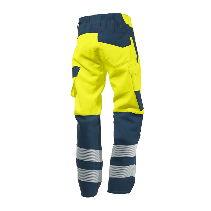 Rückansicht der BP 2236 Hi-Vis MultiNorm Hose leicht 4 kA + 7kA | APC2 von BP Bierbaum Proenen in Warngelb und Dunkelblau mit Reflexstreifen