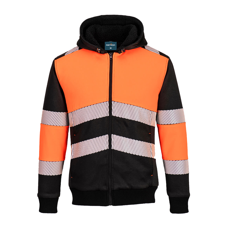 PortWest Warnschutz-Kapuzenjacke in Orange und Schwarz mit Reißverschluss, Kapuze und reflektierenden Streifen, Vorderansicht
