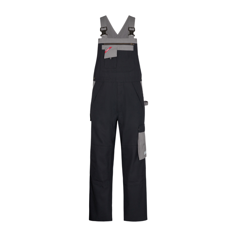 Schwarz-graue Arbeitslatzhose mit verstellbaren Schulterträgern, Brusttasche mit Reißverschluss und aufgesetzter Beintasche
