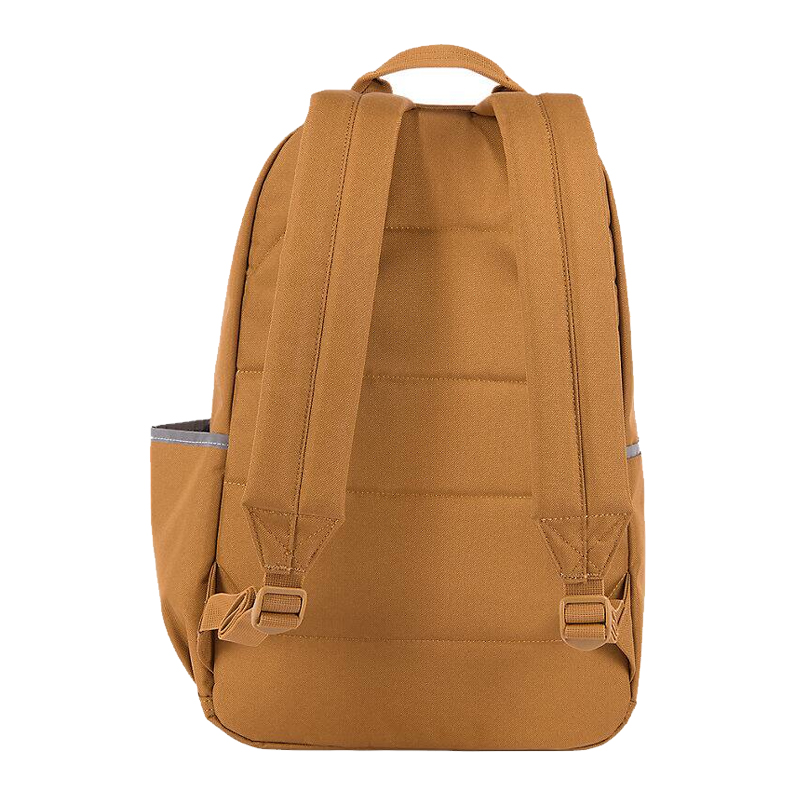 Rückansicht des Carhartt Rucksacks mit 21 Litern Volumen in Braun, robust, gepolstert und wasserabweisend, mit verstellbaren Schultergurten und Seitenfach