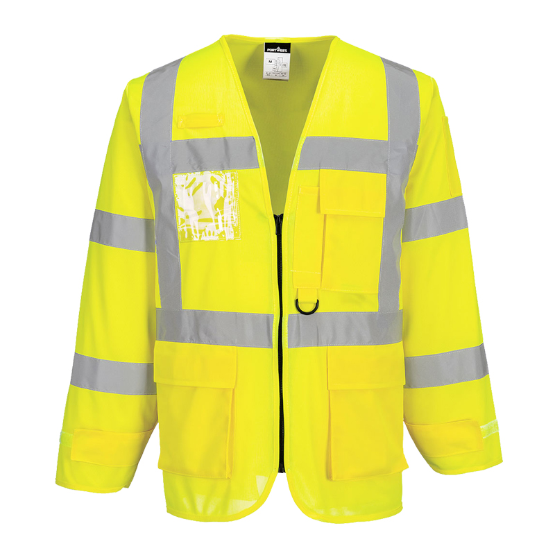 PortWest Warnschutzjacke in leuchtendem Gelb mit silbernen Reflexstreifen, Reißverschluss, Ausweistasche und mehreren Fronttaschen