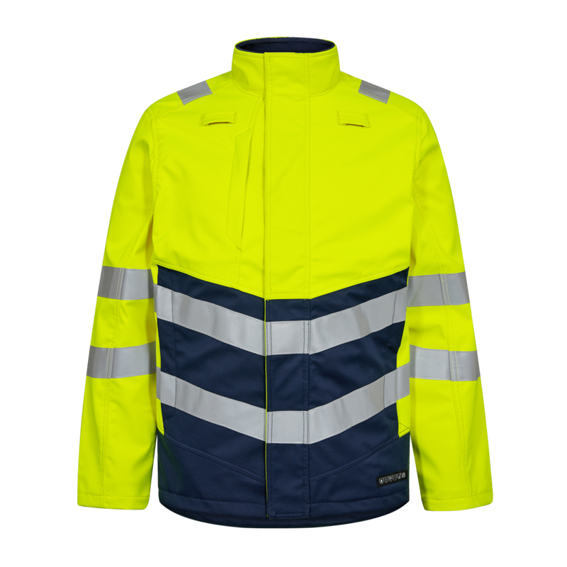 Engel Warnschutzjacke in Neon Gelb und Marineblau mit umlaufenden Reflexstreifen, hoher Sichtbarkeit und Stehkragen