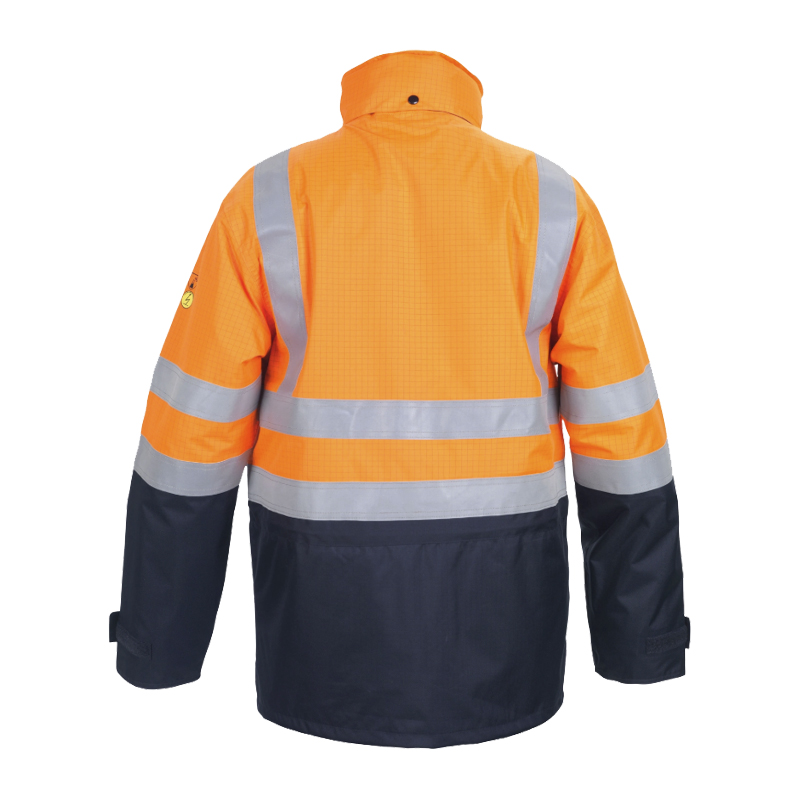 Rückenansicht einer HydroWear Warnschutzjacke in Orange und Marineblau mit umlaufenden Reflexstreifen und hohem Kragen