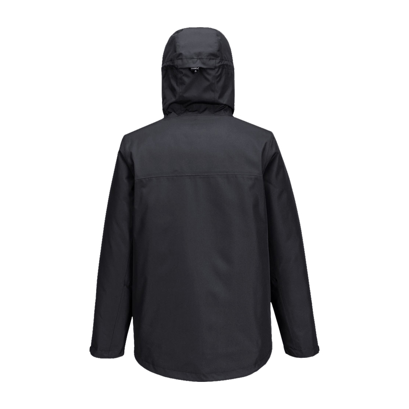 Rückansicht einer schwarzen PortWest Jacke mit Kapuze, lange Ärmel, funktionale Outdoor- und Arbeitsjacke
