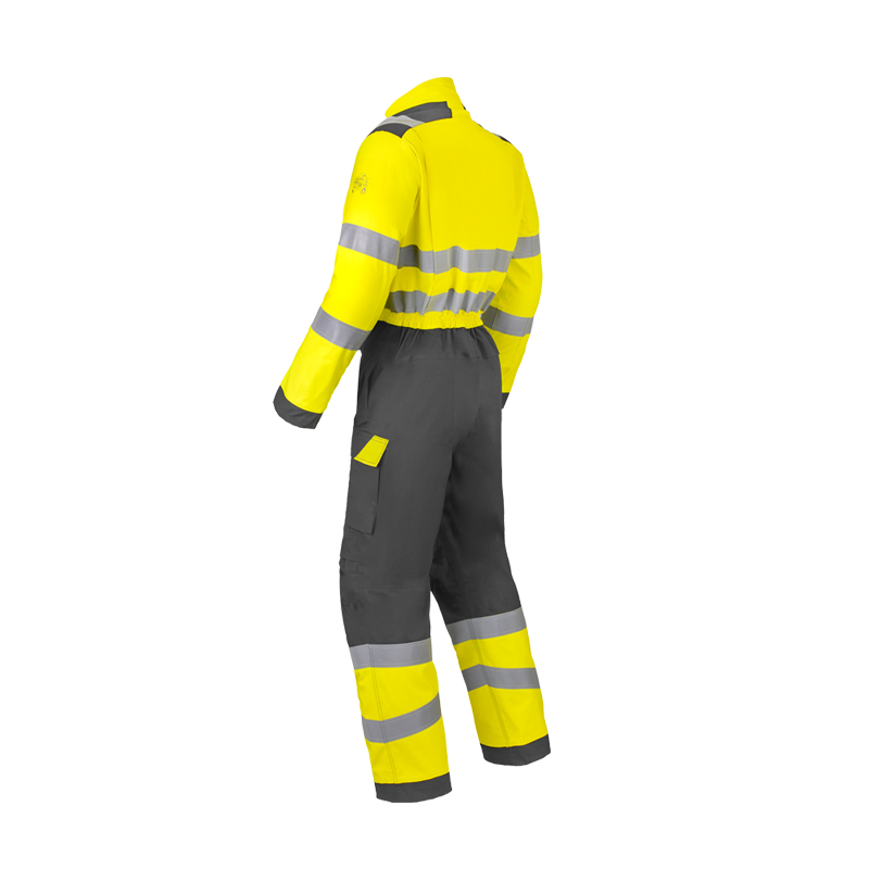 Rückansicht des HaVeP Multi Protector+ BW Warnschutz Overalls Klasse 1 APC1 in Gelb-Grau mit Reflexstreifen und langem Bein