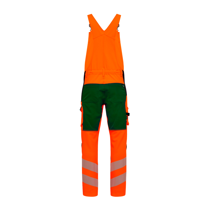 Rückansicht der ENGEL Safety Stretch Warnschutz Latzhose Klasse 2 3345-124 in Orange und Grün mit reflektierenden Streifen