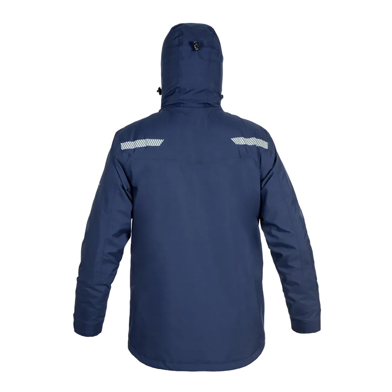 Rückansicht der Hydrowear HydroWear Bonn Regenjacke Simply No Sweat Light Klasse 4/4 in Dunkelblau mit Kapuze und Reflexdetails an den Schultern