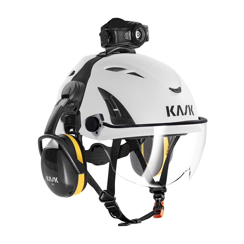 KASK KL-2 HEAD LAMP Stirnlampe IP54 mit 5 Funktionen, montiert auf Kask Industriehelm mit Visier und Gehörschutz