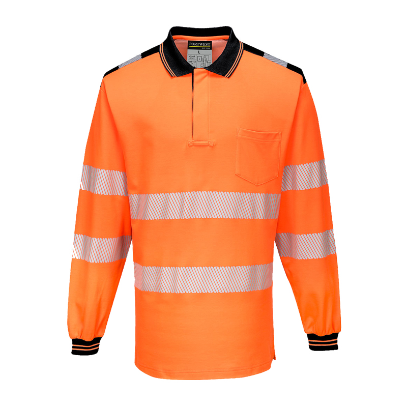 PortWest Warnschutz-Poloshirt Langarm in leuchtendem Orange mit reflektierenden Streifen, schwarzem Kragen und Brusttasche