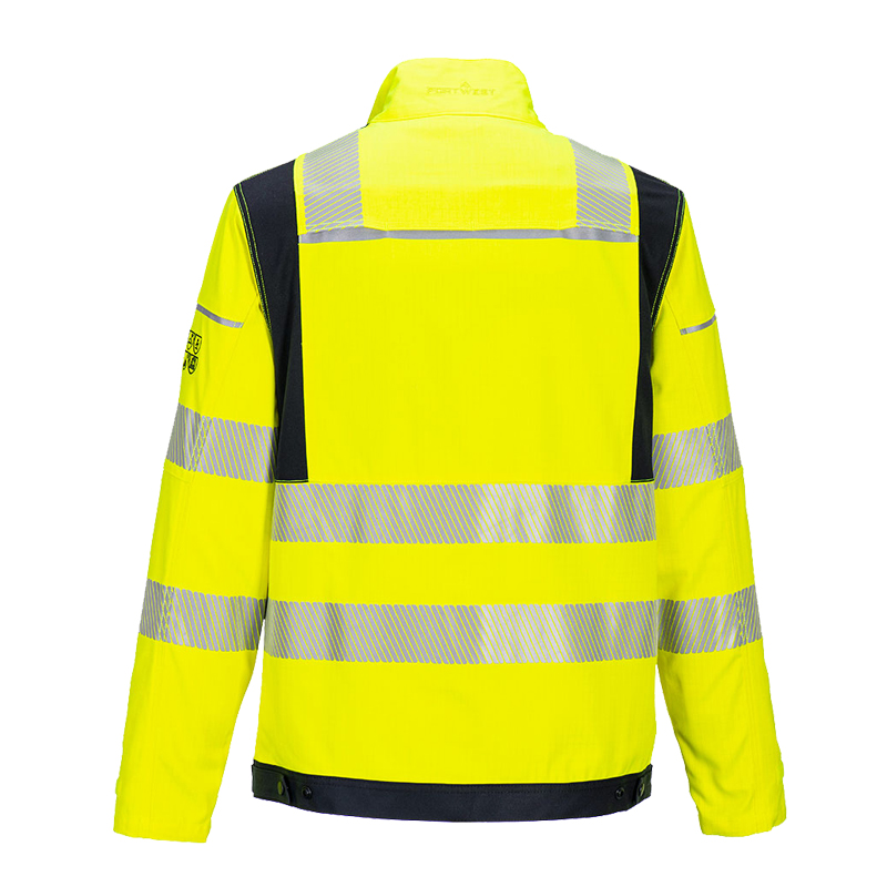 Rückansicht einer gelben PortWest Warnschutzjacke mit langen Ärmeln, dunklen Kontrasteinsätzen und umlaufenden Reflexstreifen für hohe Sichtbarkeit