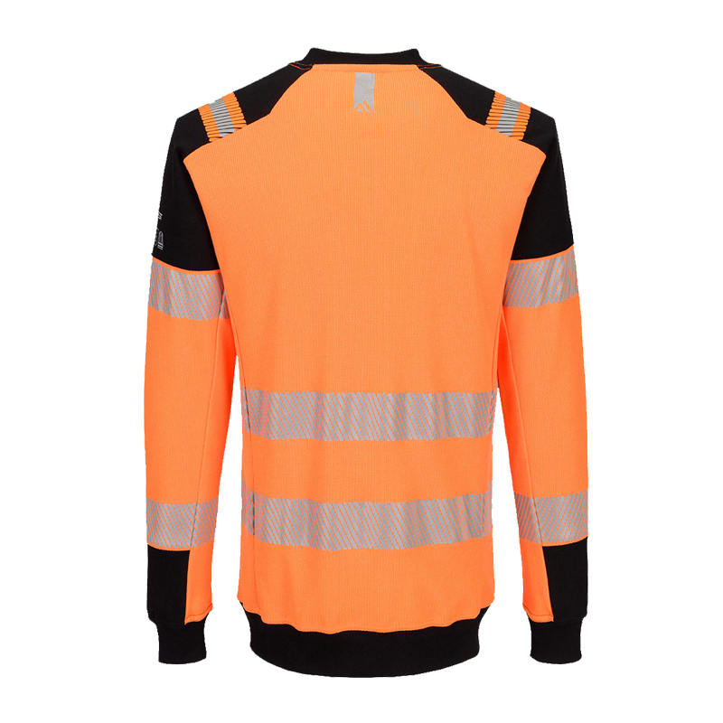 Rückansicht des PortWest FR755 ModaFlame FR Warnschutz Sweatshirts, orange mit Reflexstreifen, inhärent flammhemmend, Klasse 2