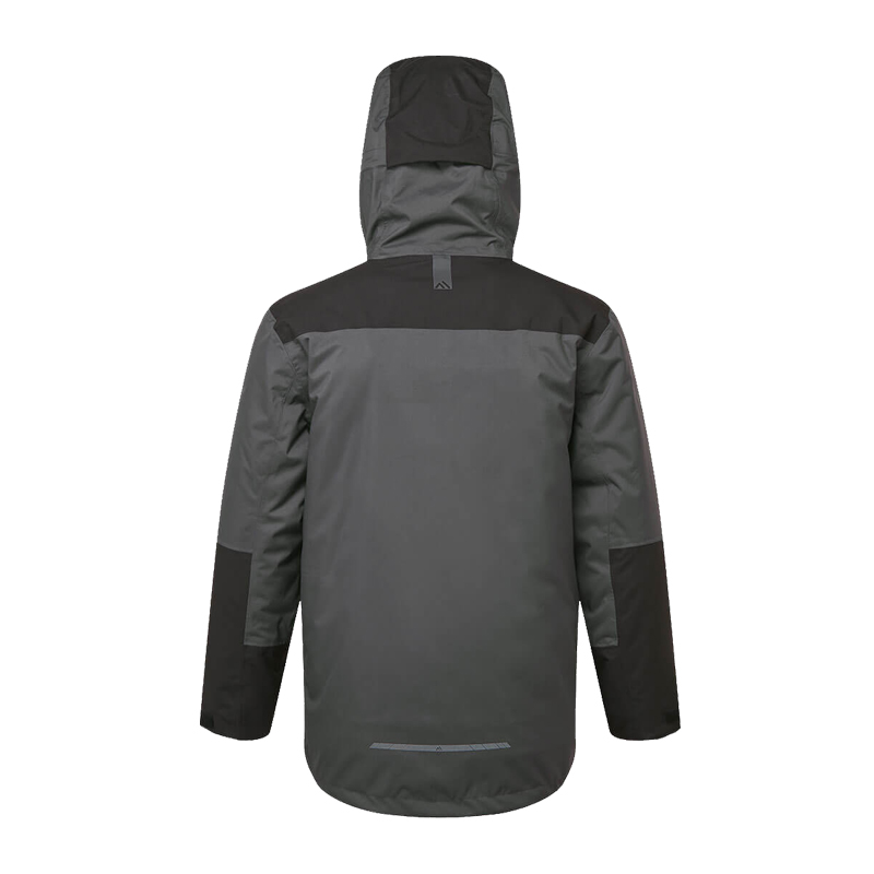 Rückansicht einer grau-schwarzen PortWest Arbeitsjacke mit Kapuze, langen Ärmeln und robustem Outdoor-Design