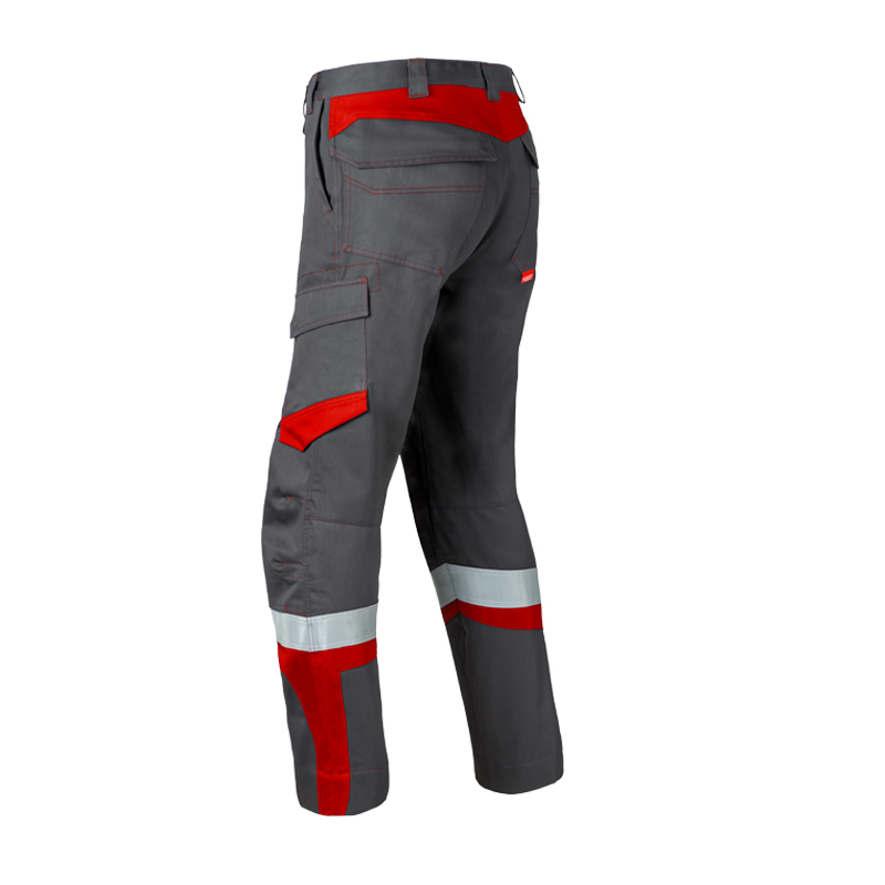 Rückansicht der HaVeP 5Safety Image+ 80345 MultiNorm Hose APC2 in Grau-Rot mit Reflexstreifen und Seitentasche