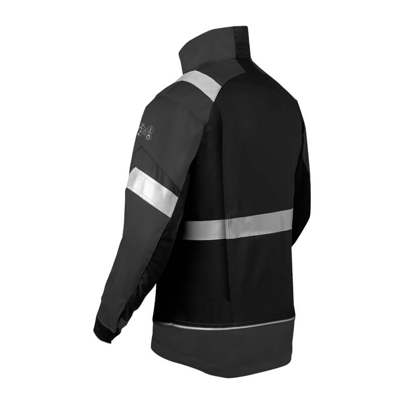 Rückansicht der HaVeP 5Safety Image+ 50285 MultiNorm Jacke APC1 in Schwarz mit grauen Einsätzen und umlaufenden Reflexstreifen