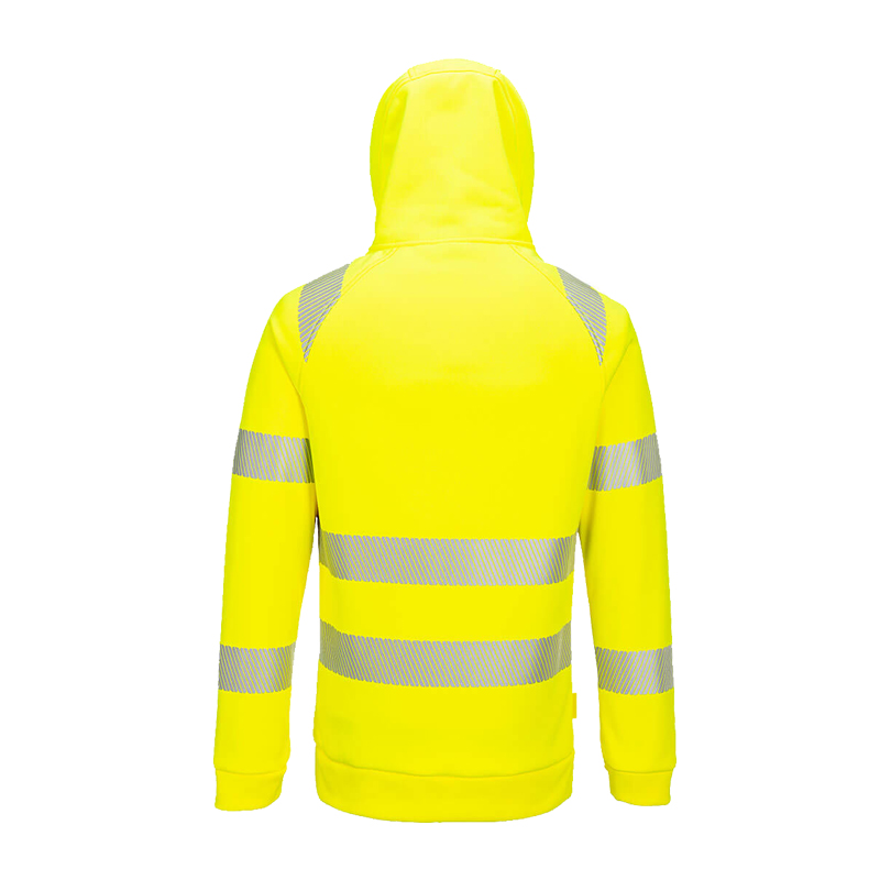 Rückansicht eines gelben PortWest Warnschutz-Hoodies mit Kapuze und umlaufenden Reflexstreifen an Schultern, Armen und Rumpf