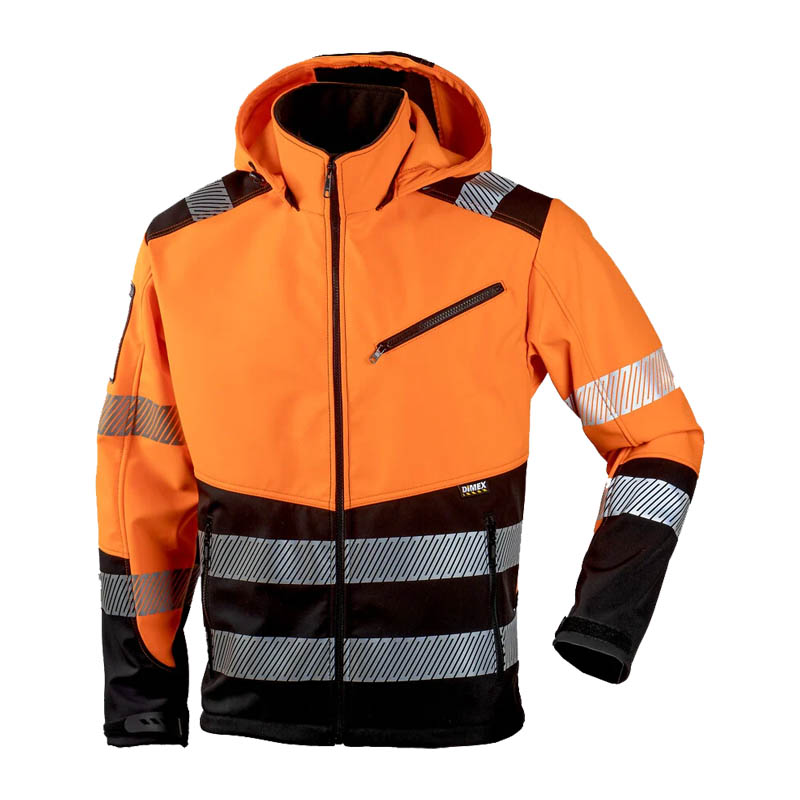 Dimex 6099R Warnschutz SoftShell Jacke mit Kapuze, Klasse 2, in Orange-Schwarz mit Reflexstreifen, Frontansicht