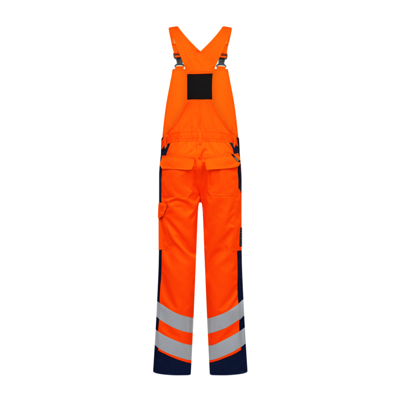 Engel Warnschutz-Latzhose in leuchtendem Orange mit dunklen Kontrasteinsätzen, verstellbaren Trägern, Taschen und Reflexstreifen an den Beinen