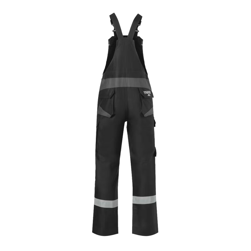 Schwarze Arbeits-Latzhose mit Reflexstreifen, verstellbaren Trägern und praktischen Taschen für sichere Arbeitskleidung