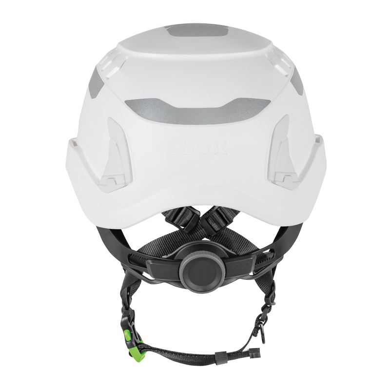 Rückansicht des Kask PRIMERO PL HI VIZ Kletterhelms, weißer Schutzhelm mit reflektierenden Elementen und Drehrad, zertifiziert nach EN 397 und EN 12492