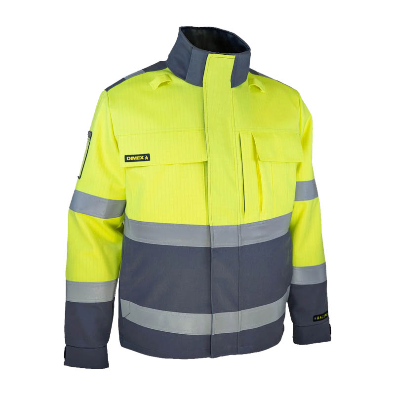 Warnschutzjacke in Neon-Gelb und Dunkelgrau mit Reflexstreifen, hohem Kragen und Brusttaschen