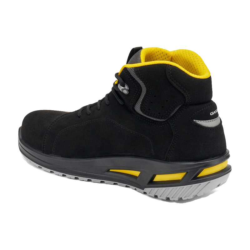 Seitliche Ansicht des Giasco 3Move ESD Gym Evo Sicherheitsstiefels S3L in Schwarz-Gelb, knöchelhoch, metallfrei und ergonomisch