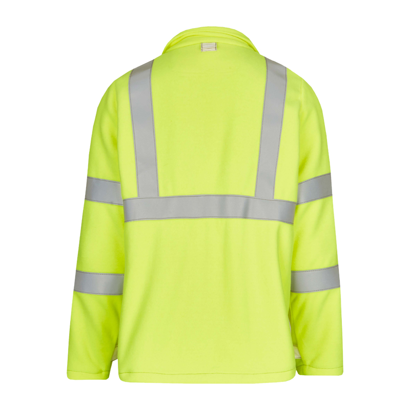 Rofa Warnschutzjacke in Neon gelb mit umlaufenden Reflexstreifen, langarm, Rückansicht für hohe Sichtbarkeit bei der Arbeit