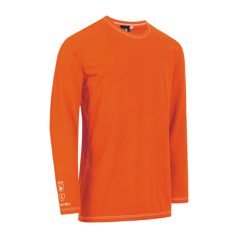 Orangefarbenes HB MODarc MultiNorm T-Shirt 4 kA | APC1 von HB Protective Wear als Langarmshirt mit Schutzfunktion und UV 50+.