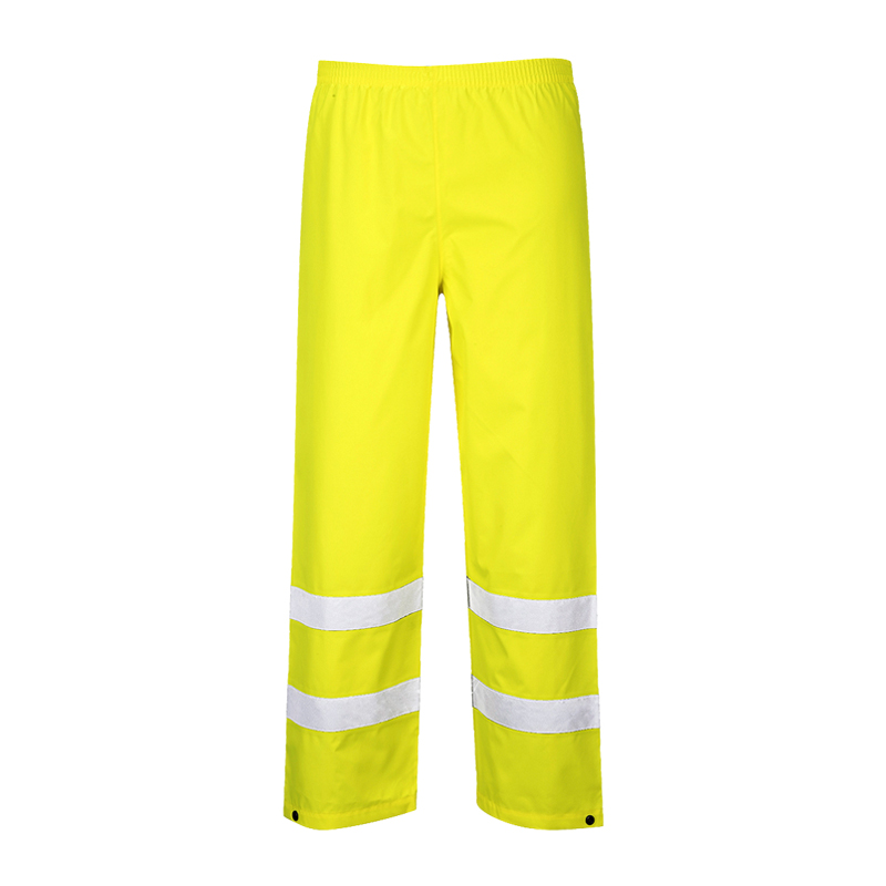 PortWest Warnschutzhose in leuchtendem Gelb mit zwei umlaufenden Reflexstreifen an den Beinen