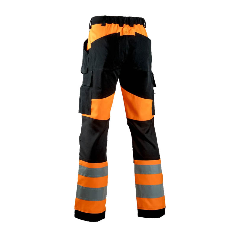 Rückansicht der Dimex 6168R Stretch Warnschutz Hose Klasse 1 in Orange-Schwarz mit Reflexstreifen und Taschen