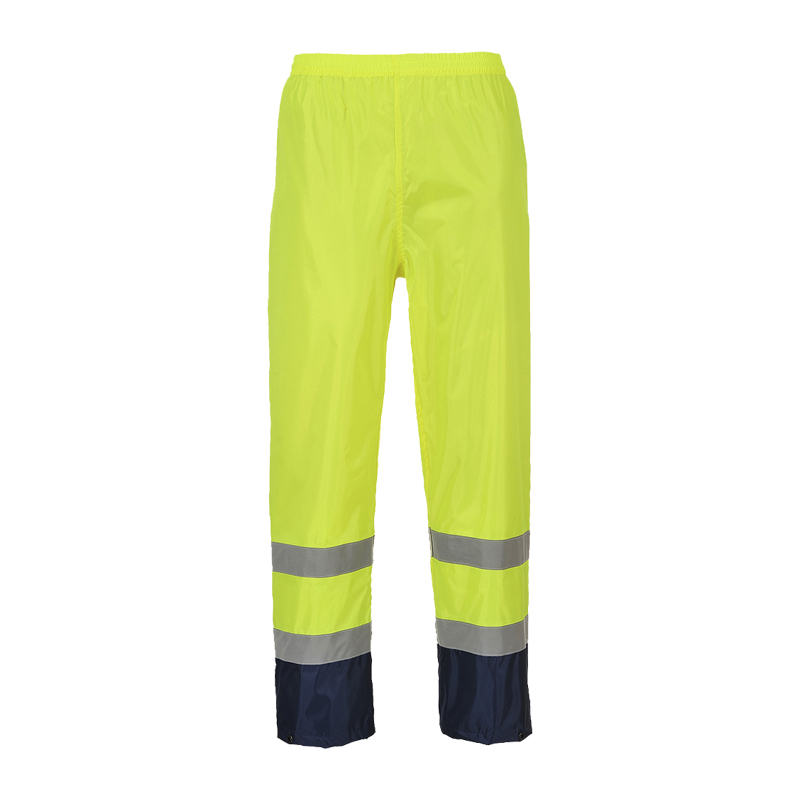 PortWest Warnschutzhose in leuchtendem Gelb mit zwei Reflexstreifen pro Bein und dunkelblauem Beinabschluss