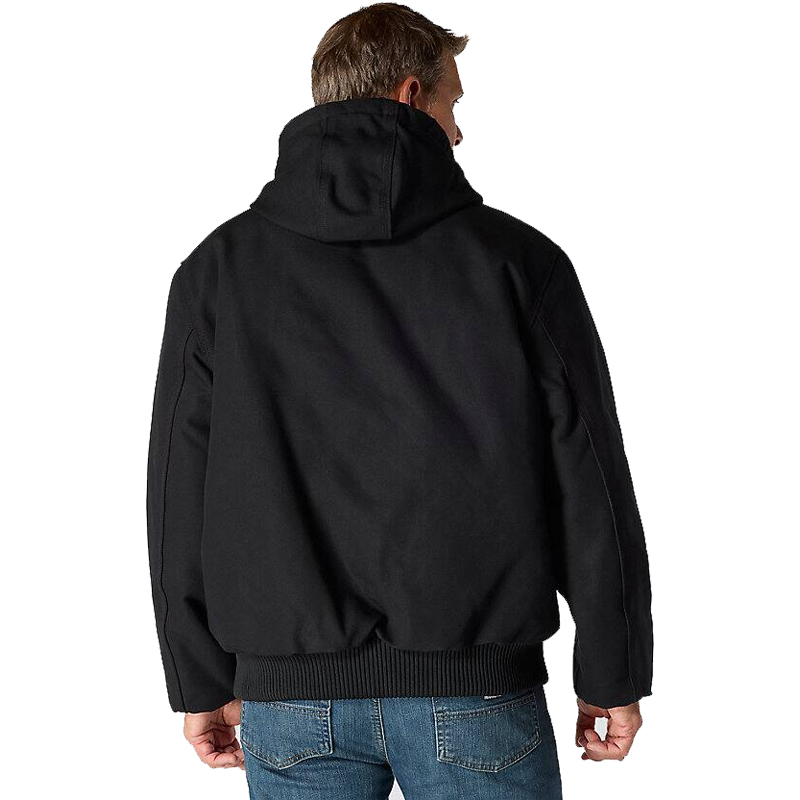 Rückenansicht der Carhartt J140 Iconic Thermo Jacke aus festem Duck Material in Schwarz, Loose Fit, mit Kapuze und Strickbund