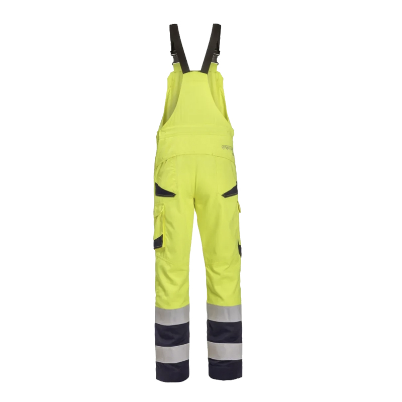 Rückansicht einer HydroWear Warnschutz-Latzhose in Neon gelb mit schwarzen Details und Reflexstreifen an den Beinen