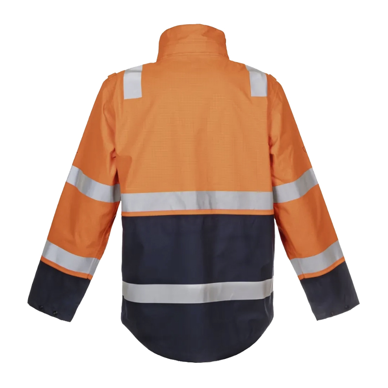 Rückenansicht einer HydroWear Warnschutzjacke in Orange und Marineblau mit silbernen Reflexstreifen und hohem Kragen.