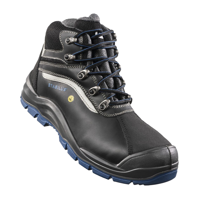 Stabilus Spartacus Mid Tex ESD S3 Sicherheitsstiefel metallfrei, schwarzer Arbeitsstiefel mit blauer Sohle, robuster Zehenschutzkappe und knöchelhohem Schaft